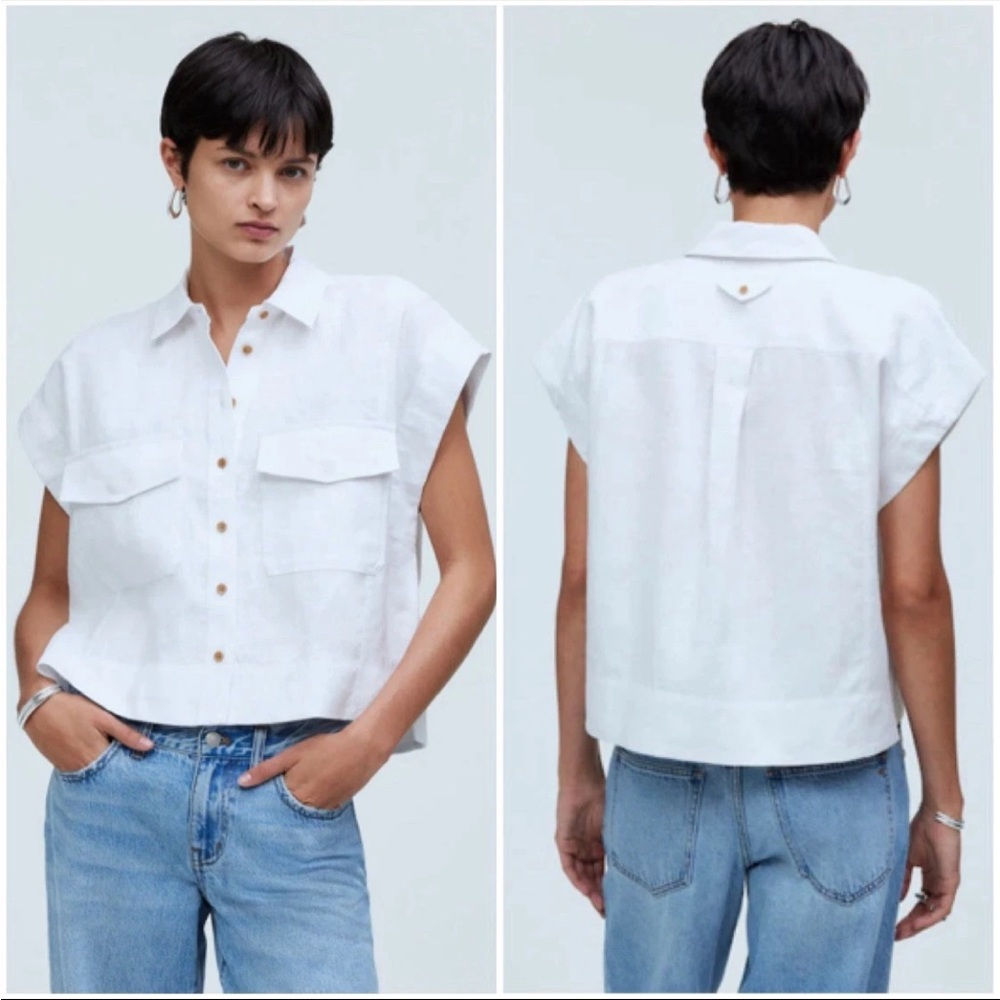 Madewell Womens Flap-Pocket Button Up Linen Shirt S Eyelet White Quiet Luxury